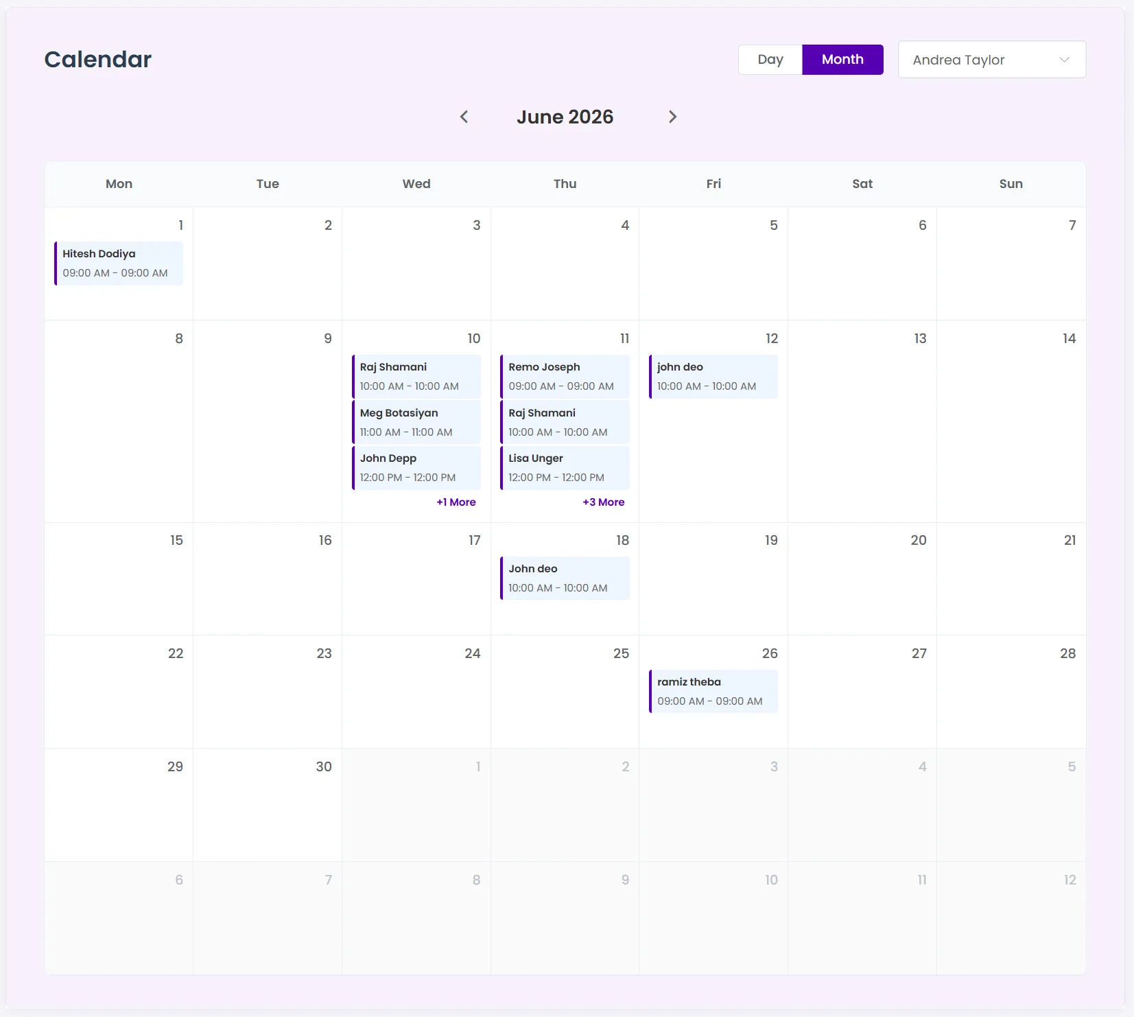 Actual BookWellNow monthly calendar interface