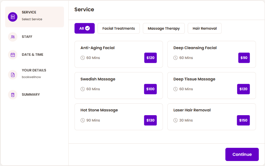 BookWellNow booking wizard showing service categories, available services and durations