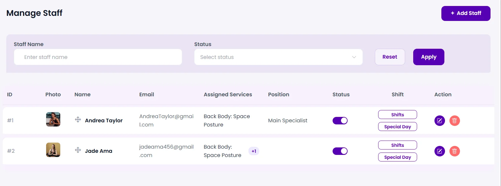Actual BookWellNow Manage Staff interface