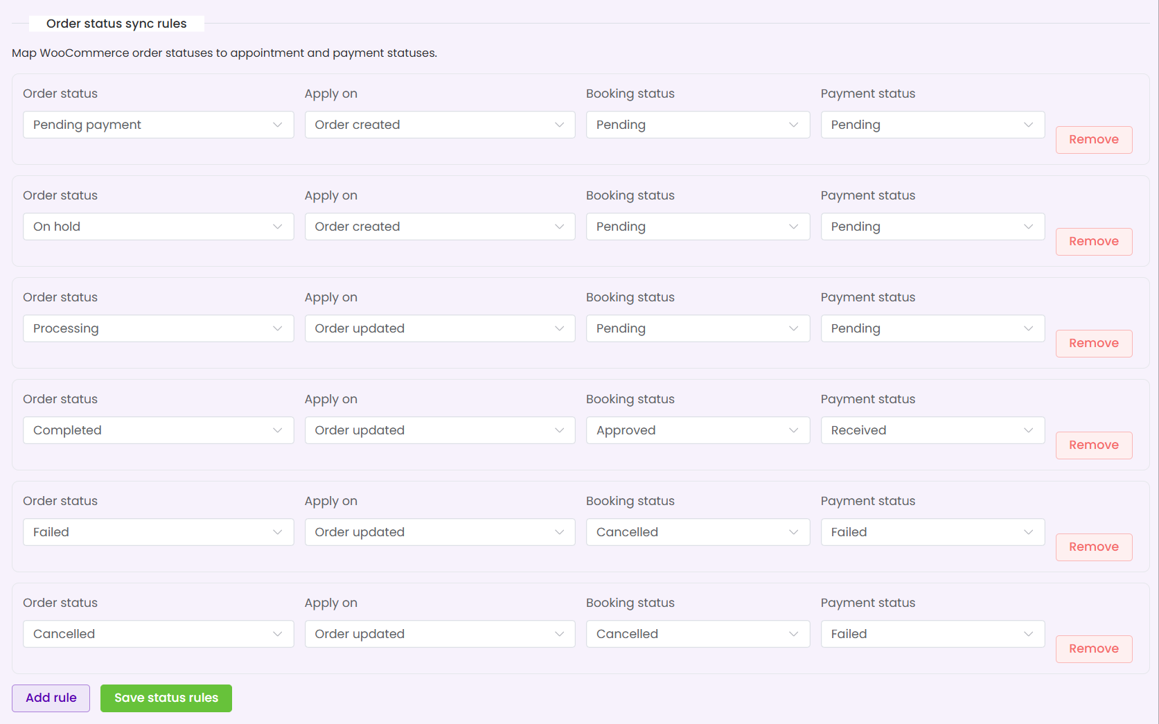 Order status sync rules