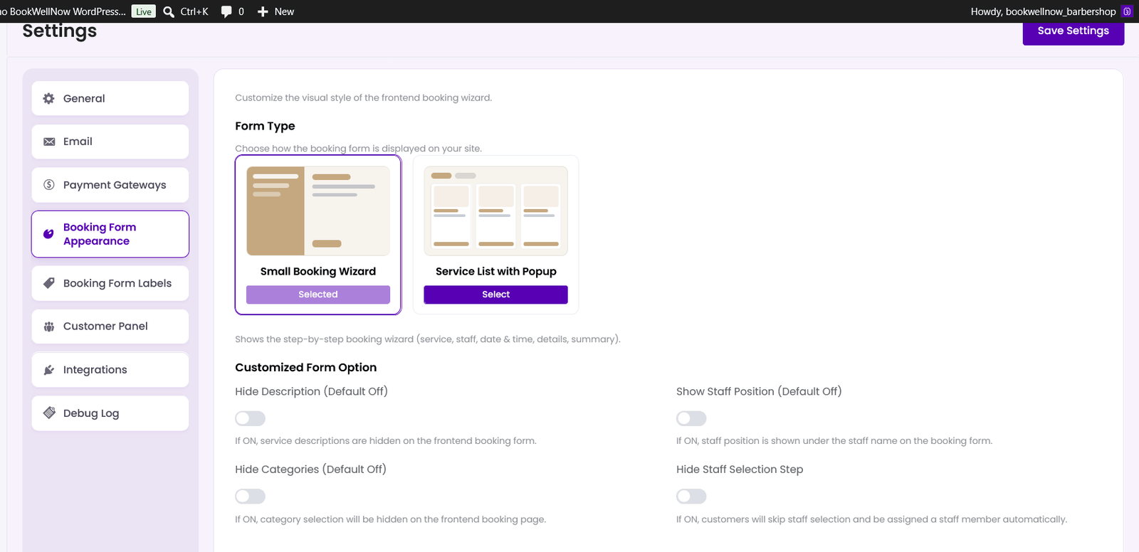 Customize Custom Fields 7 Screenshot 2026 08 04 at 10 12 29 Settings ‹ Barbershop Demo BookWellNow WordPress Appointment Booking Plugin — WordPress