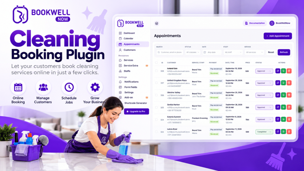 Cleaning Booking Plugin: Simplify Cleaning Service Scheduling with BookWellNow