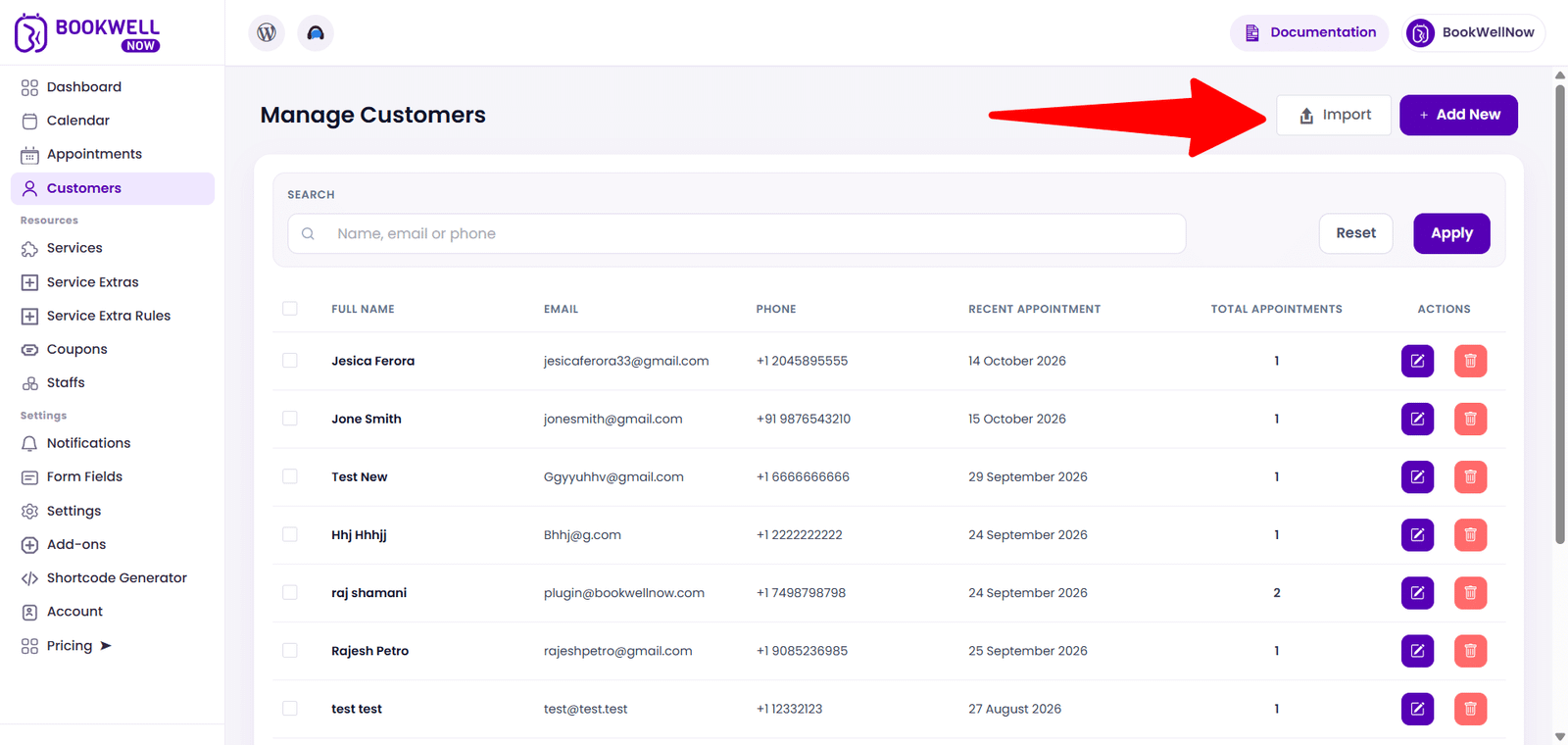 Import button in Manage Customers