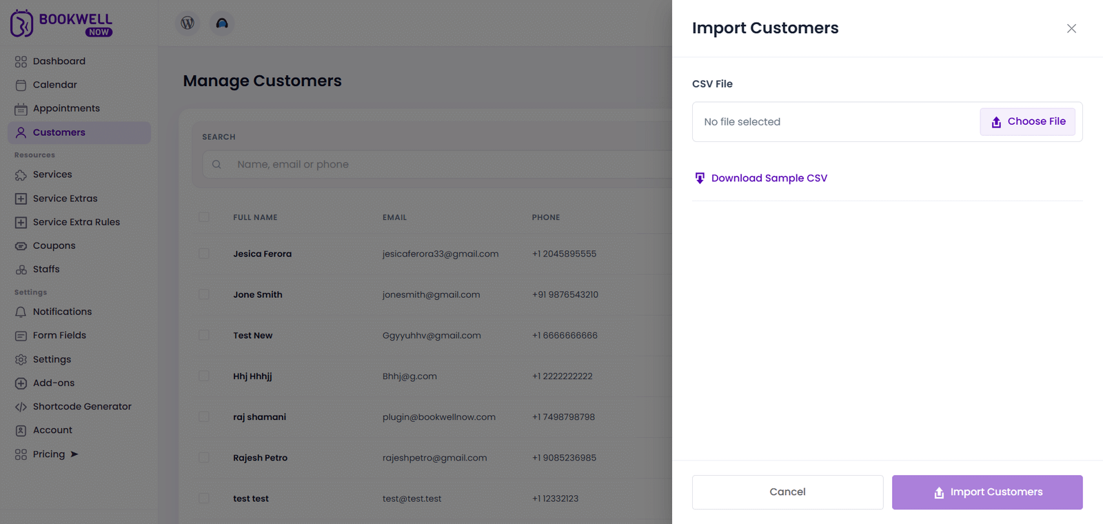 Choose File and Download Sample CSV in Import Customers