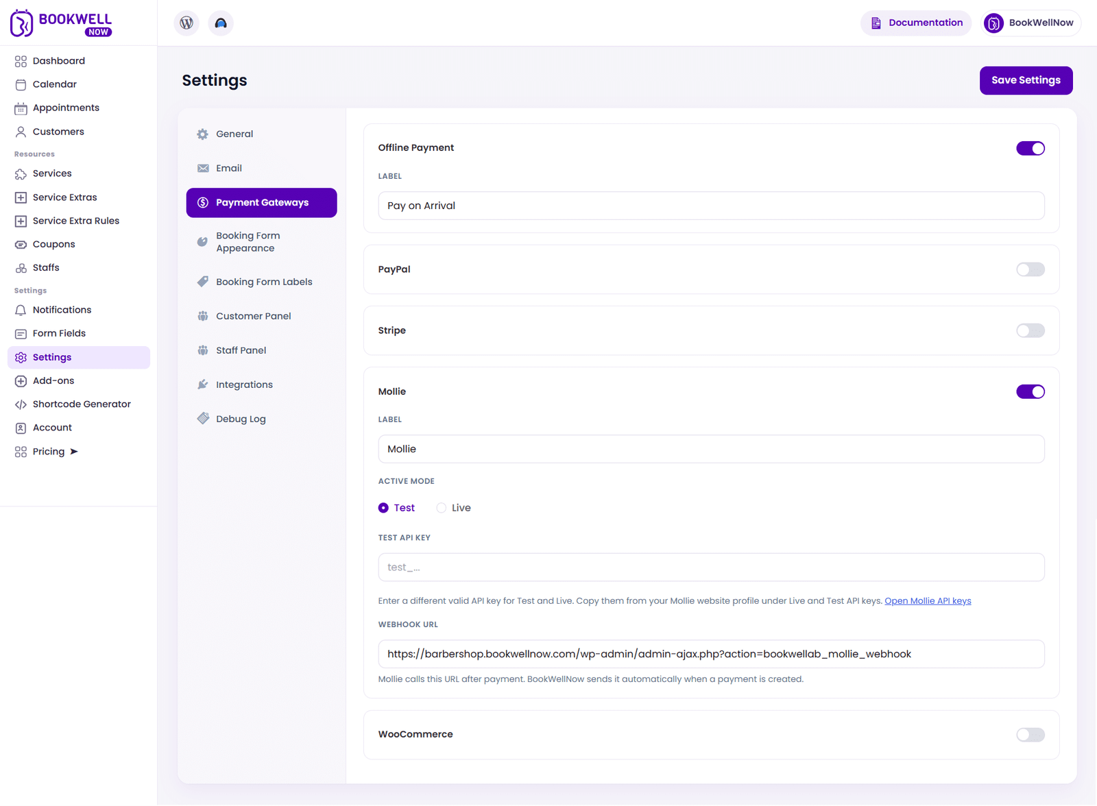Mollie Test mode and payment gateway settings
